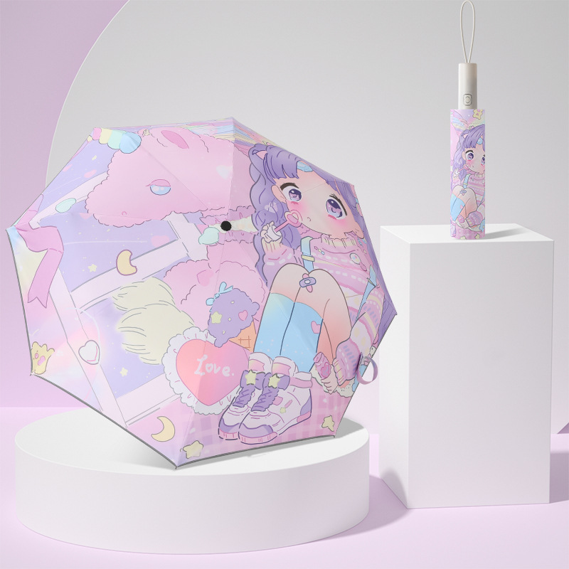 Dibujos animados conveniente automático anti-rebote niños paraguas plegable vinilo reflectante tira primaria Escuela niños paraguas