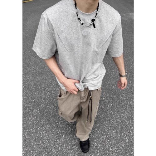 Men's Summer Short-Sleeve T-Shirt with Hemmed Pockets, American Street Style Deconstructed Crew Neck Hoodie, Trendy Brand Design Sensibility Loose Top