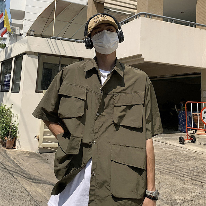 cityboy Japanese Style Tooling Green Short-sleeved Shirt Men's Fashionable Brand High-end Sense Jacket Style 5-sleeved Shirt for Summer cityboy Japanese Style Tooling Green Short-sleeved Shirt Men's Fashionable Brand High-end Sense Jacket Style 5-sleeved Shirt for Summer