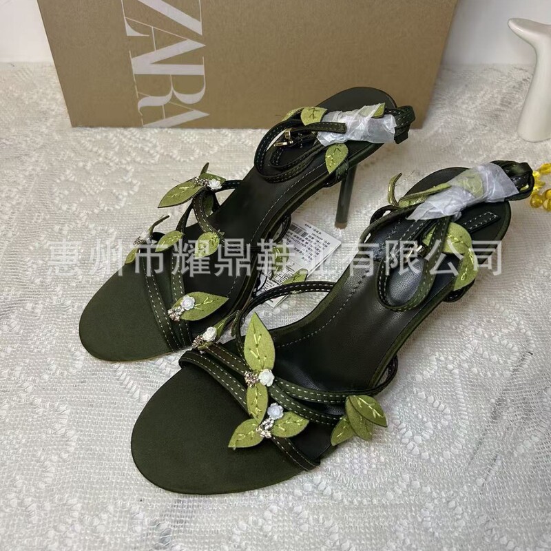 Za Home 2025 Green Strappy Sandals for Summer, Stunning Open-Toe Design to Pair with Dresses, Fairy-Style French High Heels