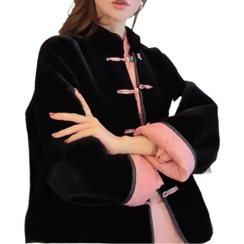 Новый костюм в китайском стиле Тан на флисовой подкладке, утолщенное пальто с пряжкой для воротника-стойки, бархатное пальто с хлопковой подкладкой, черное Двустороннее пальто для женщин, осень и зима