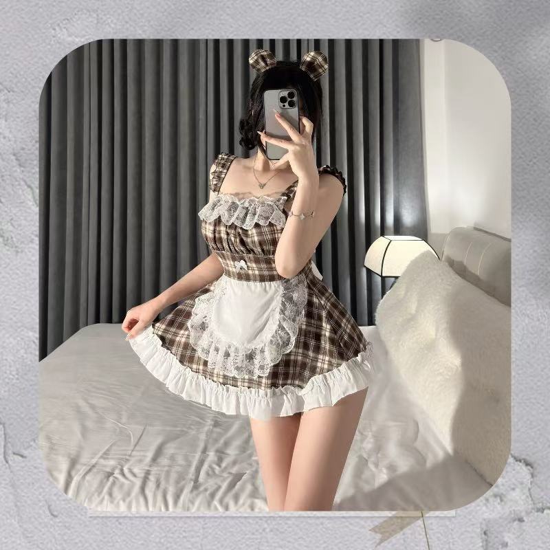Maid Roleplay Costume Set with Plaid Dress and White Tights, One Size Polyester — detail image 4