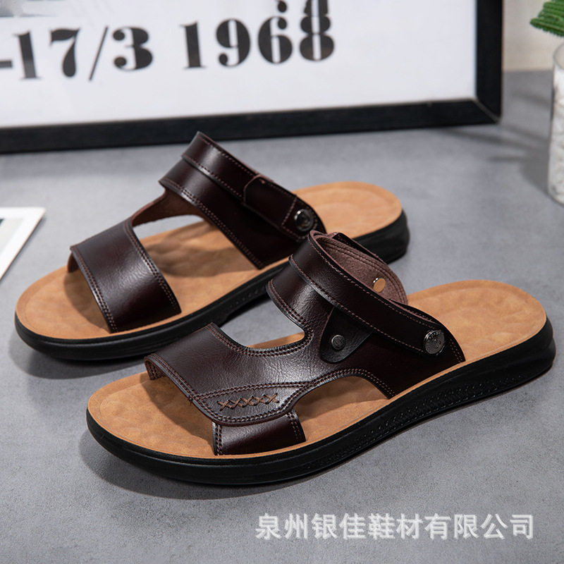 Dép sandal nam quai ngang hở ngón chất liệu da PU chống trơn thoáng khí — Nâu Đen, Nâu đậm, Đỏ rượu