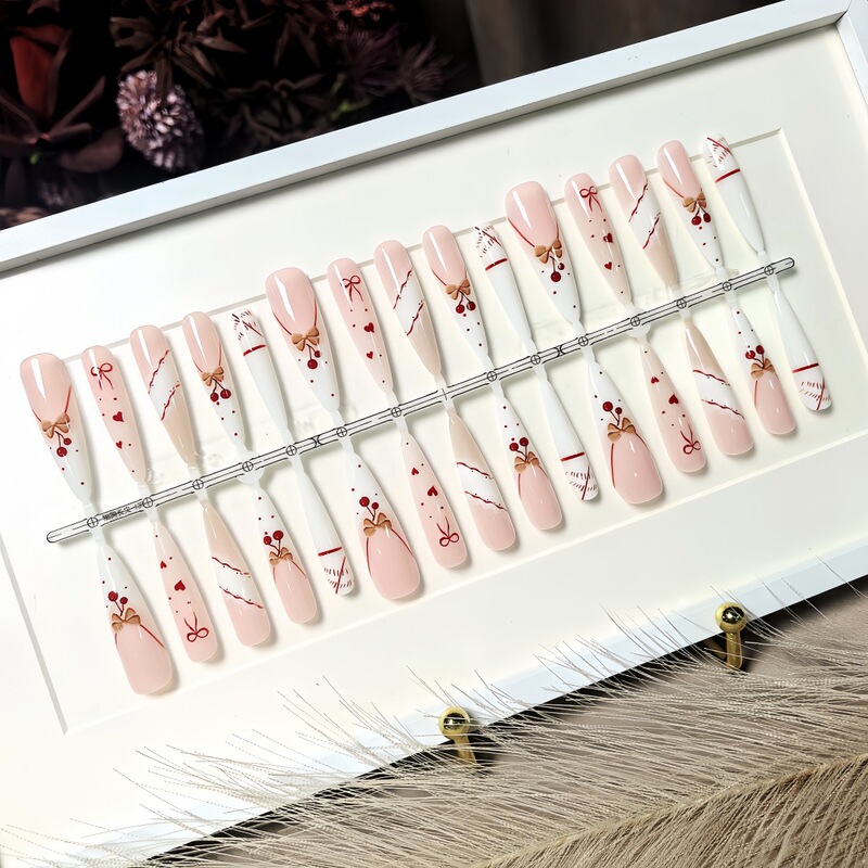 S754-Pre-made long-length press-on nails in cherry white, gentle, elegant, delicate, and alluring, with detachable nail pieces S754-Pre-made long-length press-on nails in cherry white, gentle, elegant, delicate, and alluring, with detachable nail pieces