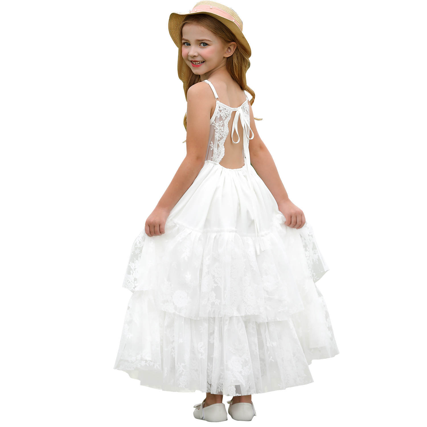 Nuevo comercio exterior transfronterizo niño lindo vestido de cuello en V sin mangas espalda de encaje espectáculo de cumpleaños flores vestido pequeño