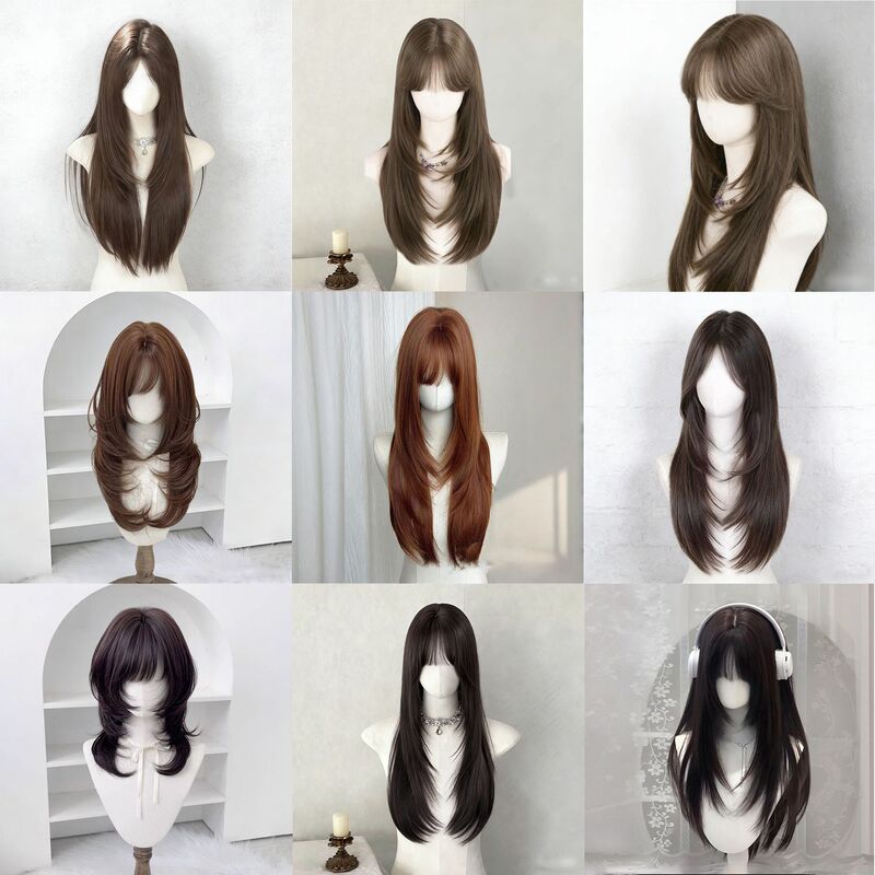 Lolita-Style Vintage Orange High-Layered Wig with Airy Bangs, Long Curly Hair, Fluffy and Natural-Looking Full Wig