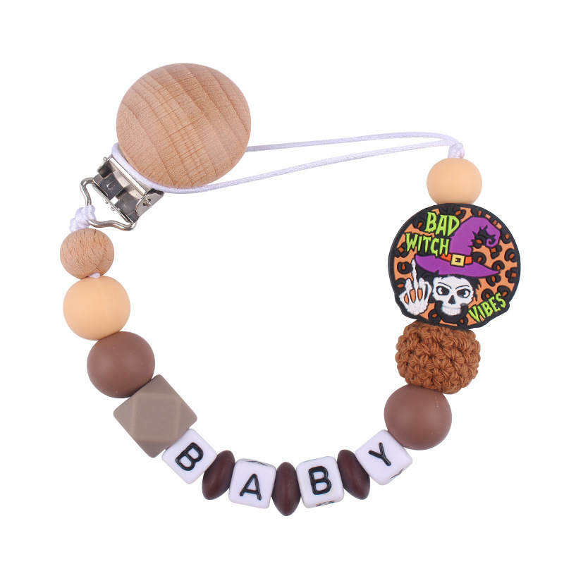 Productos para bebés, juguetes de planeta creativo, pinza de chupete de madera, cadena de chupete de silicona para bebés, cadena anti-caída