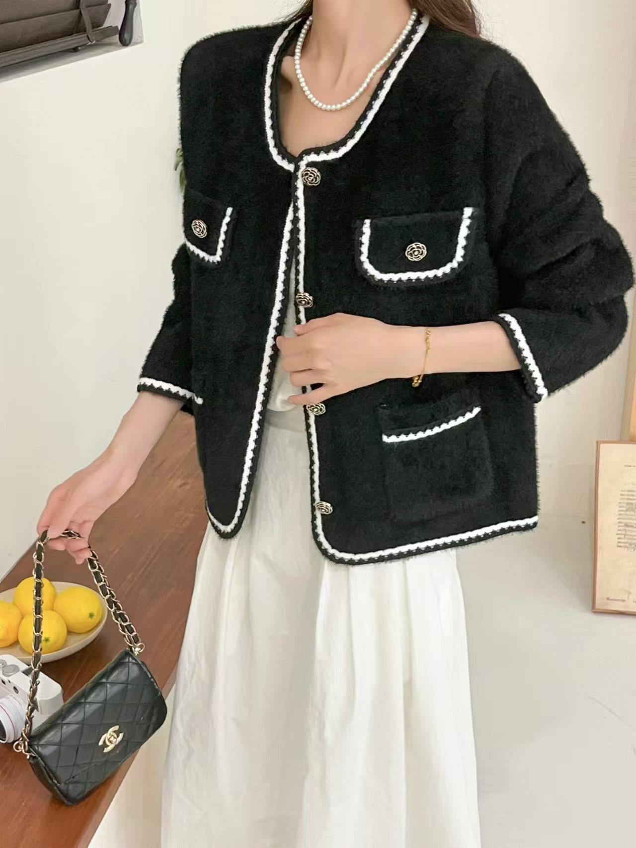 2024 nuevo temperamento francés celebridad pequeña fragancia cardigan de punto de estilo femenino de alta calidad imitación de agua suéter abrigo image 6