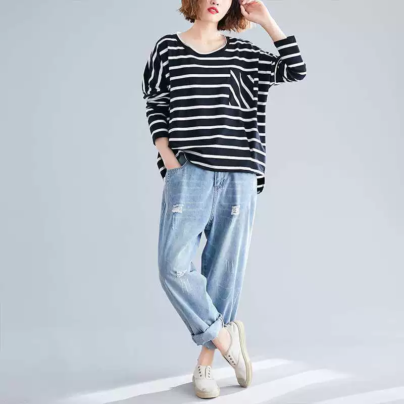Осенний женский свободный лонгслив в полоску, oversize, размеры L и XL