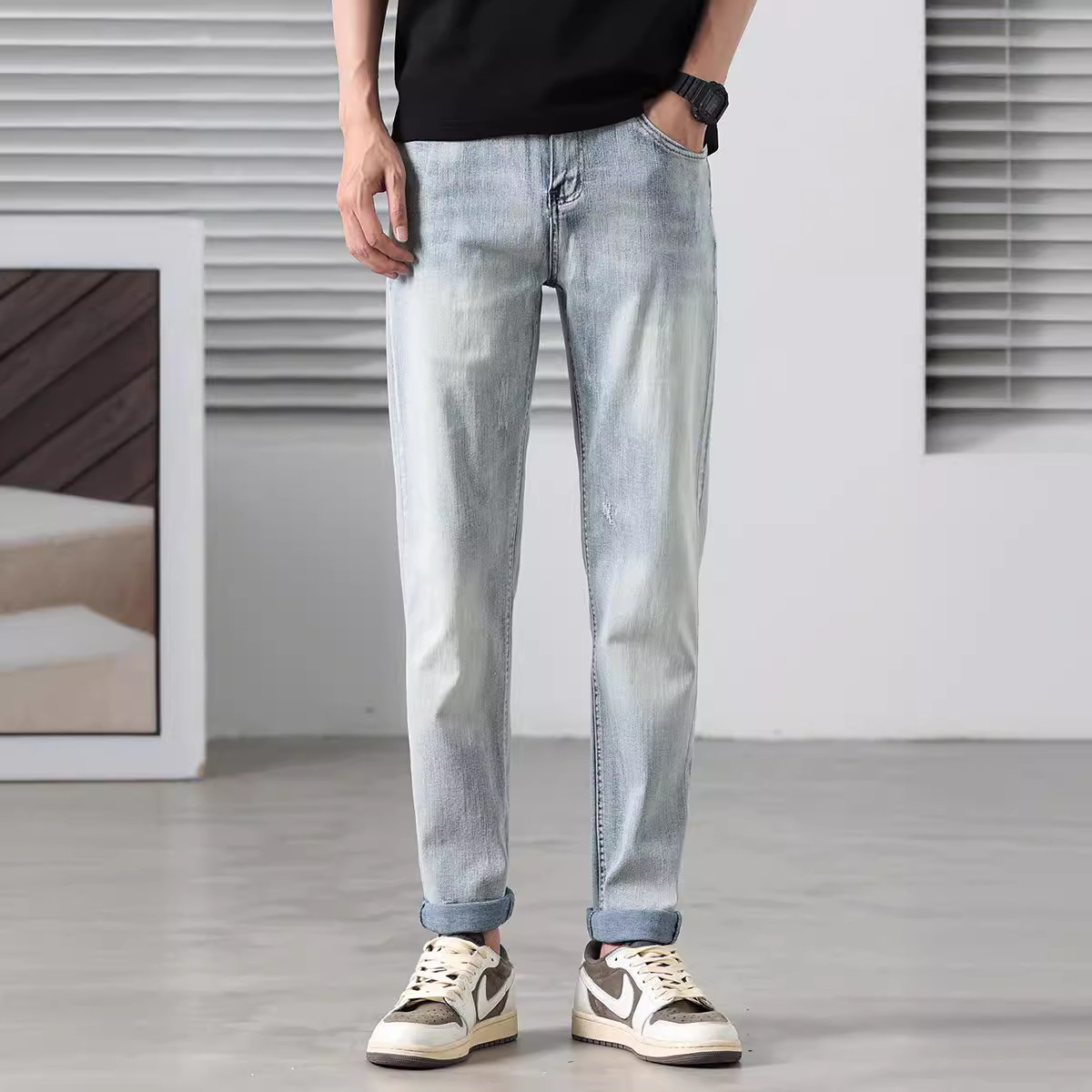 Kişi üçün dar uzun cins şalvar, elastik casual model