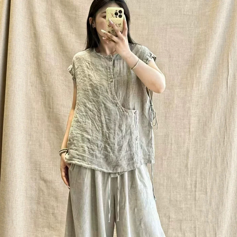 High-Quality Original Limited Edition Summer New Style Shirt with Diagonal Placket Design, Round Neck, Pure Linen, Sleeveless, Korean Style, Versatile Top