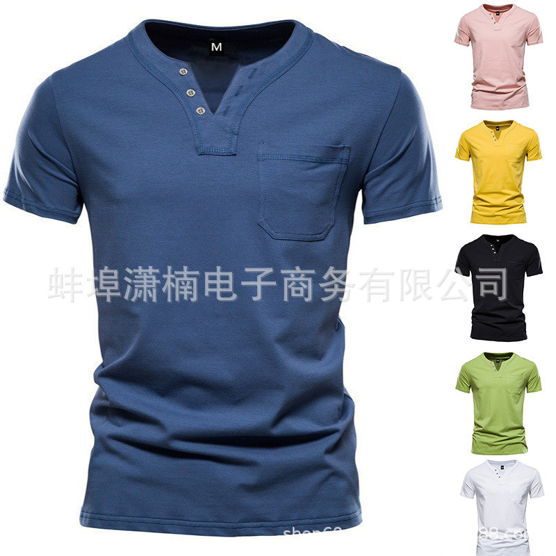 2026 Foreign Trade Cross-Border Men's Clothing V-Neck Short-Sleeved T-Shirt for Young Men Casual Short-Sleeved Slim Sports Henley Shirt Pure Color 2026 Foreign Trade Cross-Border Men's Clothing V-Neck Short-Sleeved T-Shirt for Young Men Casual Short-Sleeved Slim Sports Henley Shirt Pure Color