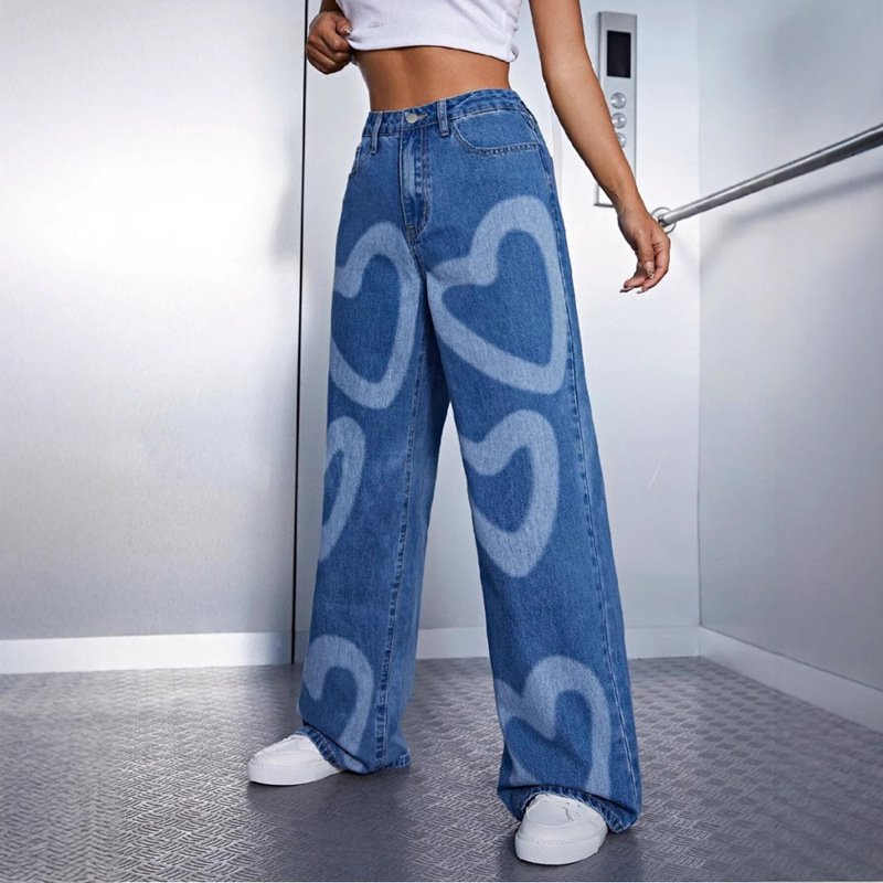 European and American Spring and Summer New Printed Fashion High-Waisted Korean Style Straight Casual Loose Wide-Leg Denim Pants for Women 18011