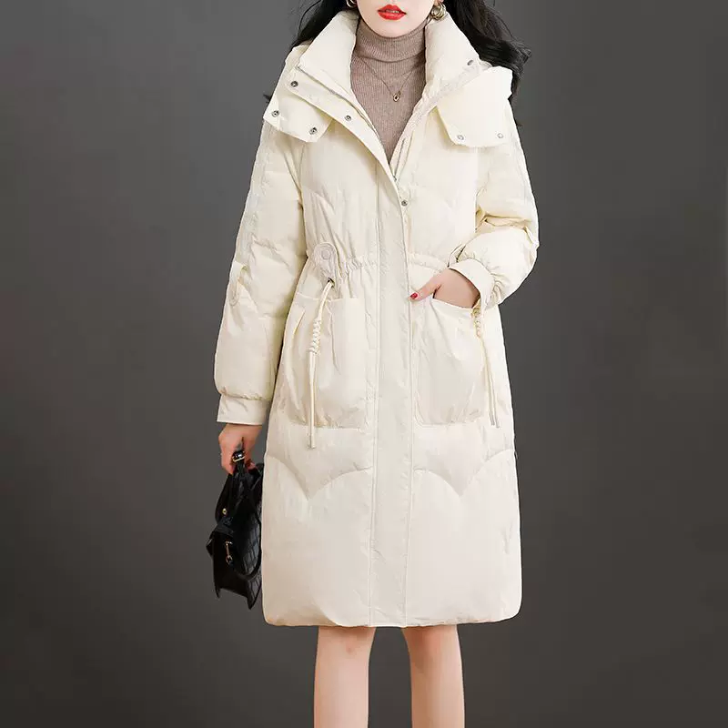 女式羽绒服中长款冬季新款设计感小众加厚白鸭绒收腰连帽外套