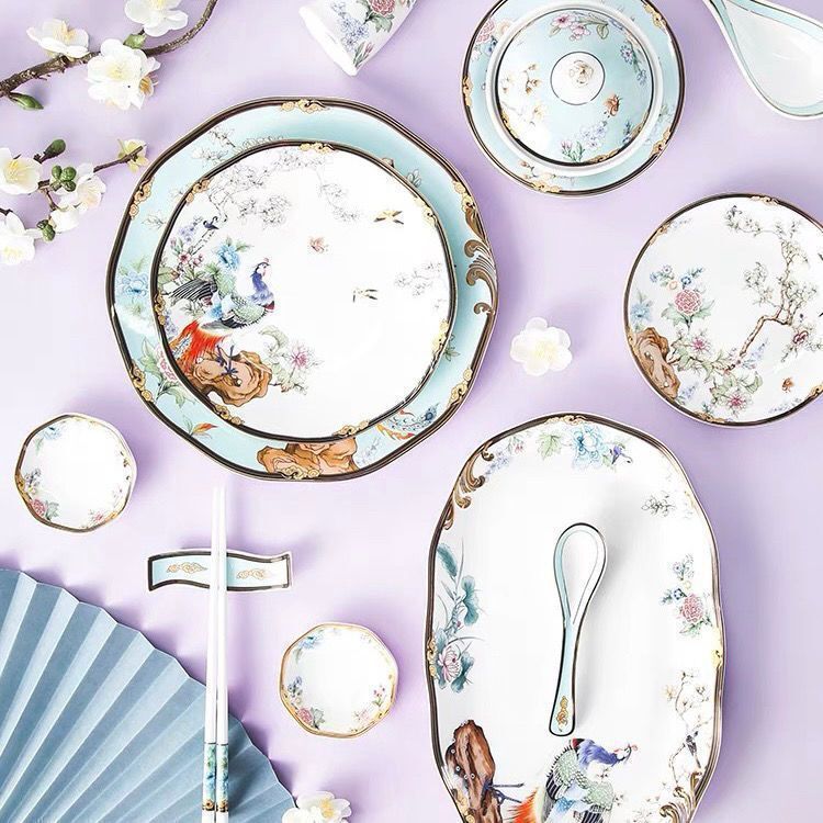 Jingdezhen Bone China Plates Tableware Household Dishes Chinese Style Family Soup Bowls Chopsticks Porcelain Matching Set