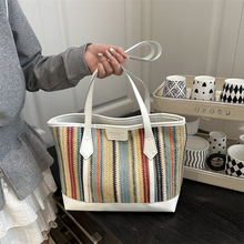 磨砂条纹百搭大容量托特包女时尚个性休闲小众设计高级质感单肩包