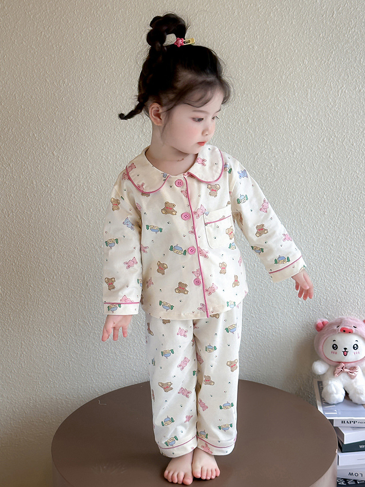 Pijamas para niñas primavera y otoño 2025 nuevo estilo cuello de muñeca para niños traje de servicio a domicilio de manga larga traje de dos piezas de otoño para bebés