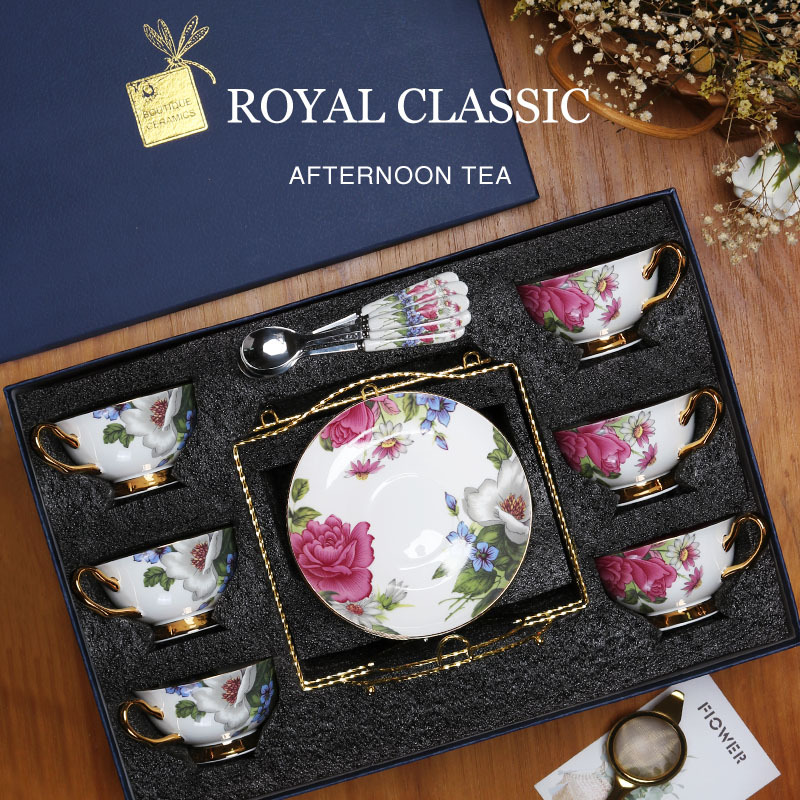 Taza de café china de hueso europeo y platillo traje de gama alta caja de regalo exquisito juego de té de la tarde regalo de novias