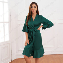 跨境荷叶边舒适仿真丝睡衣纯色性感和服女士睡袍家居服浴袍晨袍