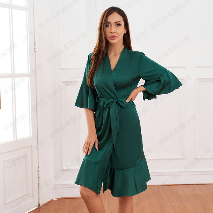 跨境荷叶边舒适仿真丝睡衣纯色性感和服女士睡袍家居服浴袍晨袍