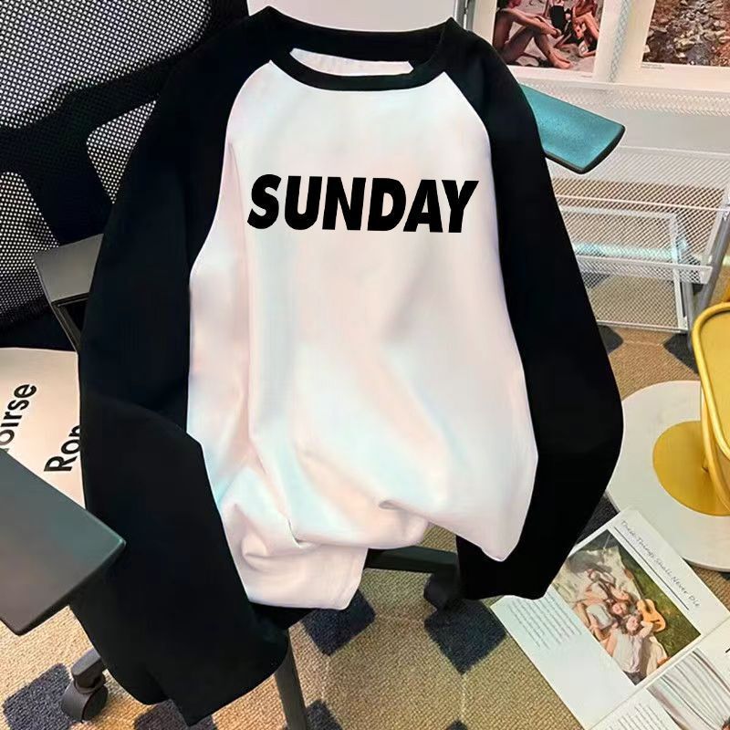 Cotton Autumn New Color-Blocked Raglan Loose Long-Sleeved Shirt for Women American Korean Style Top with Bottoming Shirt