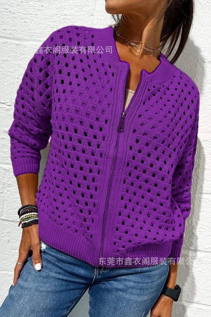 2026 nueva estación independiente de Amazon Europa y Estados Unidos ropa de mujer casual jersey hueco chaqueta con cremallera de punto chaqueta de mujer