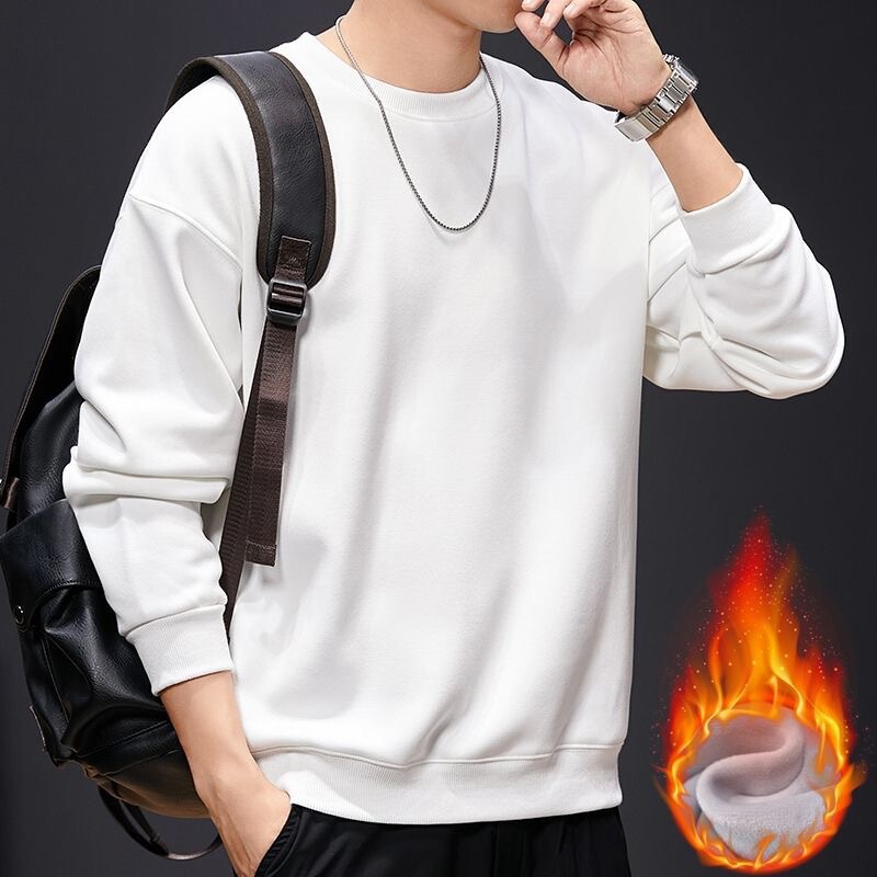 Winter New Style Chinese Cotton Hong Kong Style Casual Outdoor Round Neck Sweatshirt Simple Men's Long-Sleeved Pullover for Men and Couples with Fleece Lining