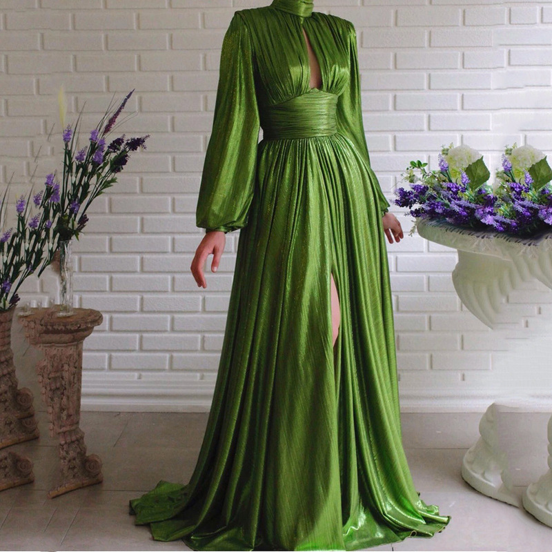 High quality export palace style high-end large swing skirt avocado green waist hanging neck dress