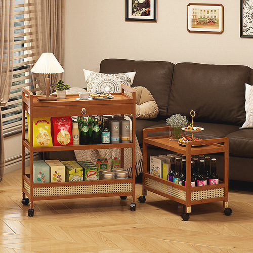 J^Medieval Style Small Hand Cart Non-Wooden Mobility Can Be Pushed and Pulled Household Retro Tea Table Living Room Sofa Side Table Storage