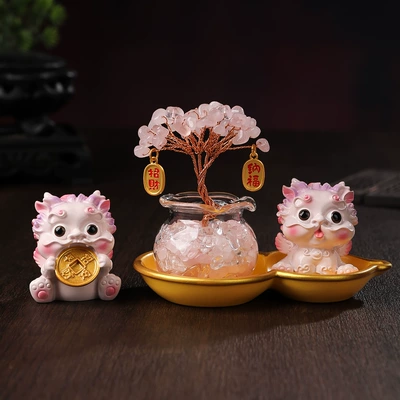 Pixiu Crystal Money Tree: Car ornaments - pink-ingot-copper-coin-pixiu-pink-crystal-tree-gourd-base