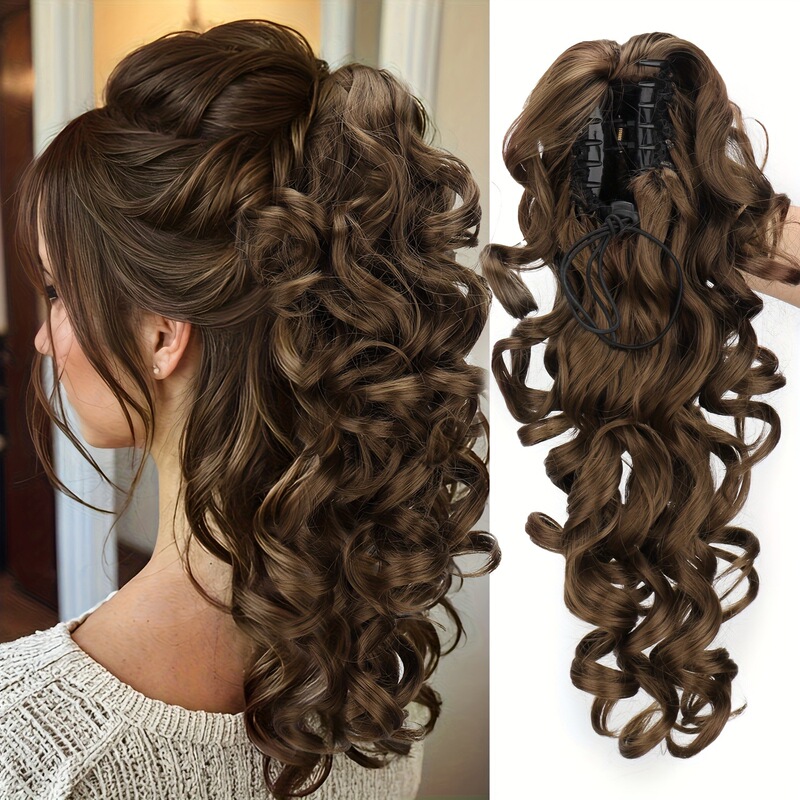 16inch Brown and Black Textured Curly Hair with Claw Clip, Synthetic Fiber Ponytail, Claw Clip Style Ponytail 16inch Brown and Black Textured Curly Hair with Claw Clip, Synthetic Fiber Ponytail, Claw Clip Style Ponytail