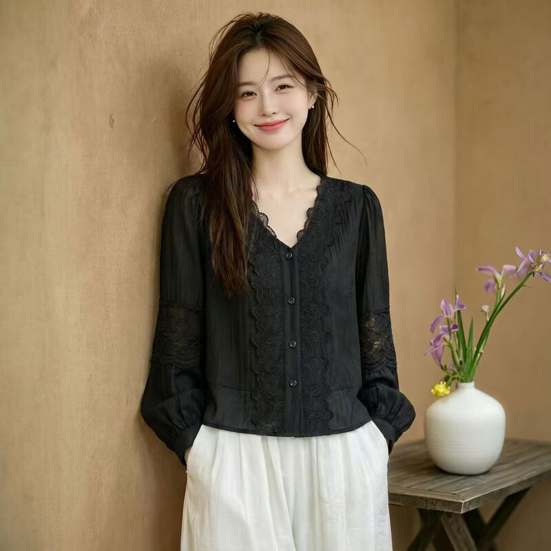 Lace Embroidery Patchwork Lantern Sleeve Shirt for Women 2026 Summer New V-Neck Loose Elegant Long Sleeve Short Top Lace Embroidery Patchwork Lantern Sleeve Shirt for Women 2026 Summer New V-Neck Loose Elegant Long Sleeve Short Top