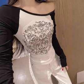 珠片插肩袖长袖t恤女潮早春新款甜酷辣妹性感露肩上衣修身打底衫