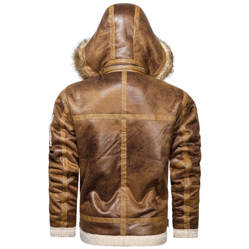 boy Men's Fleece-Lined Sheepskin Thickened Plus Size Leather Coat Warm Motorcycle Hooded Retro Export Jacket European And_voghion.com