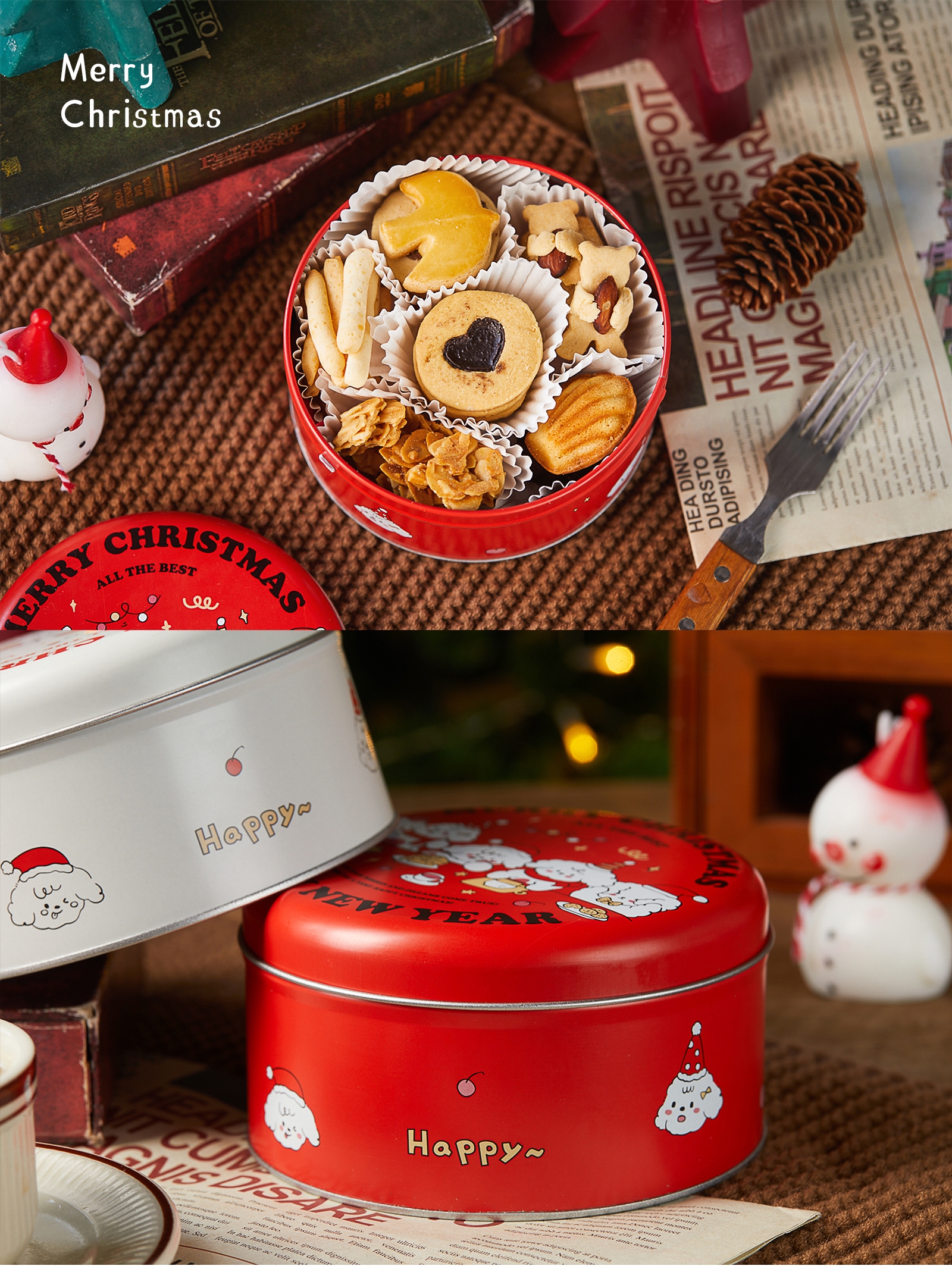 Navidad creativa galletas de cacao croquete cajas de embalaje de caramelo taffy tortilla de nieve redonda caja de hierro