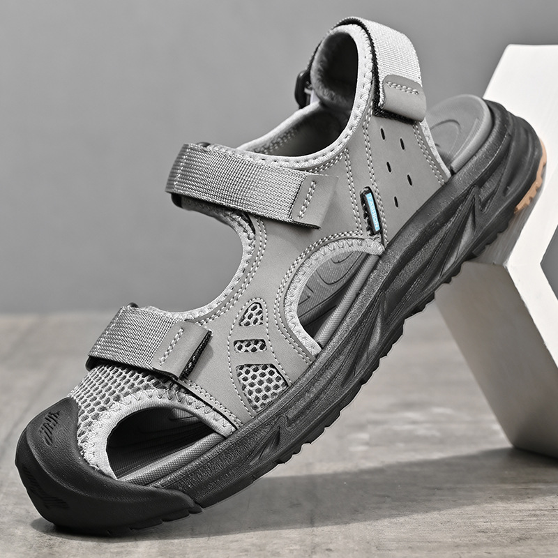 涼鞋男2024新款夏季透氣真皮沙灘鞋男一腳蹬鏤空透氣包頭戶外男鞋