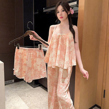 直播新款复古风性感三件套带胸垫吊带长裤装套装纯欲风夏季家居服