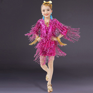 Children's Latin Dance Performance Clothing 2025 Spring and Summer New Style Girls' Bright Cloth Mid-Sleeve Tassel Dress Competition Clothing Group Clothing