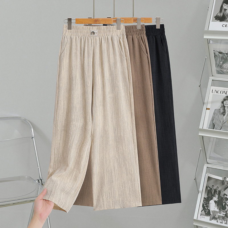 Summer New High-Waisted Wide-Leg Pants for Women, Loose Nine-Point Pants with Elastic Waist, Ice Silk Fabric, Mom-Style Casual Versatile Wear