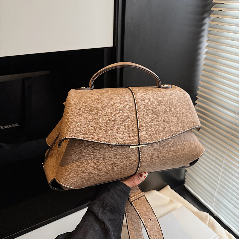 外贸法式轻奢手提托特包包女2025夏季极简风百搭荔枝纹单肩斜挎包