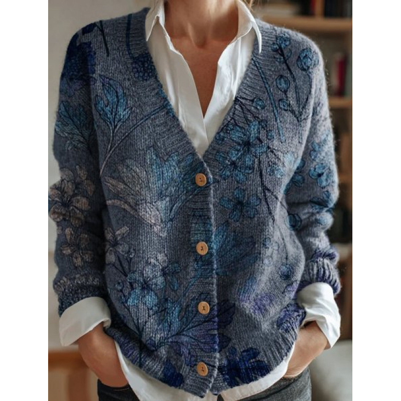 Cross-border European and American retro print Christmas new faux sweater cardigan for women, autumn and winter style, casual versatile thick coat Cross-border European and American retro print Christmas new faux sweater cardigan for women, autumn and winter style, casual versatile thick coat