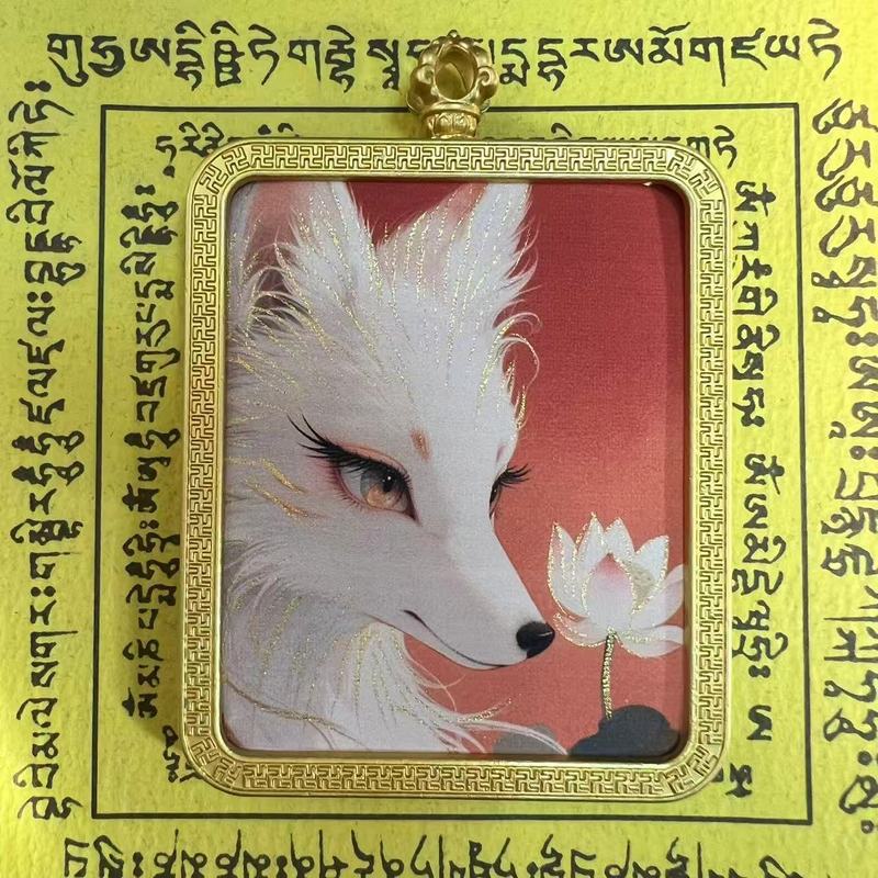 タンカ チベット手描き金塗装粗鉱石絵画コア国民トレンドペンダント九尾キツネ ザキラム ビッグブラックデーツ|undefined