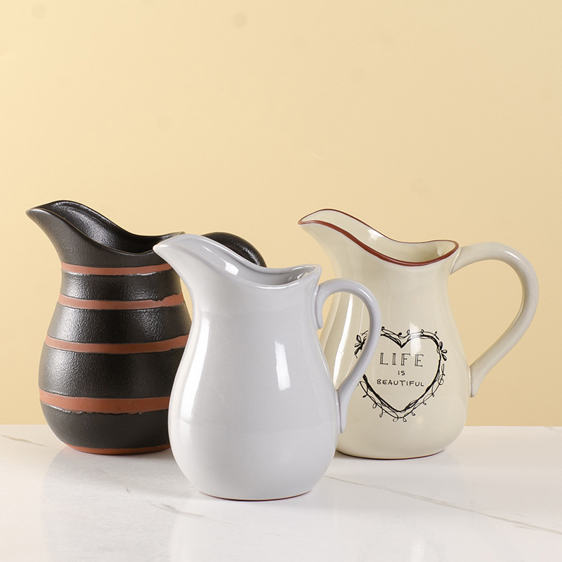 红土工厂陶瓷白色奶精壶带手柄冷饮壶牛奶水壶外贸跨境亚马逊