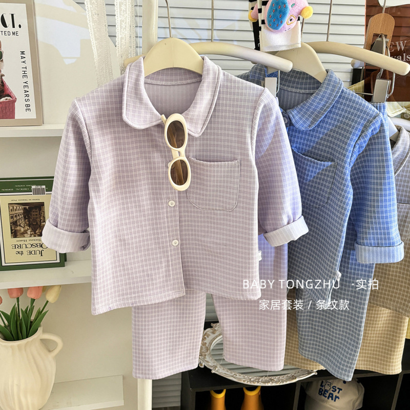2025秋冬儿童睡衣套装韩版女童简约格子家居服男童翻领开衫两件套|undefined