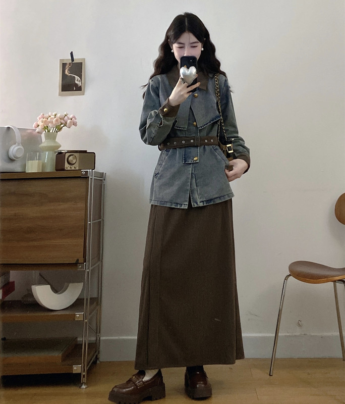 灯芯绒半身裙秋冬感复古穿搭一整套装女大码百搭胖MM牛拼接仔外套|undefined