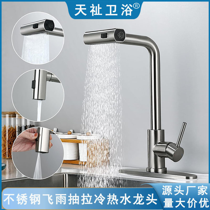 Foreign Trade 304 Stainless Steel Drawable Kitchen Faucet Hot and Cold Household Washing Sink Vegetable Basin Sink Flying Rain Faucet