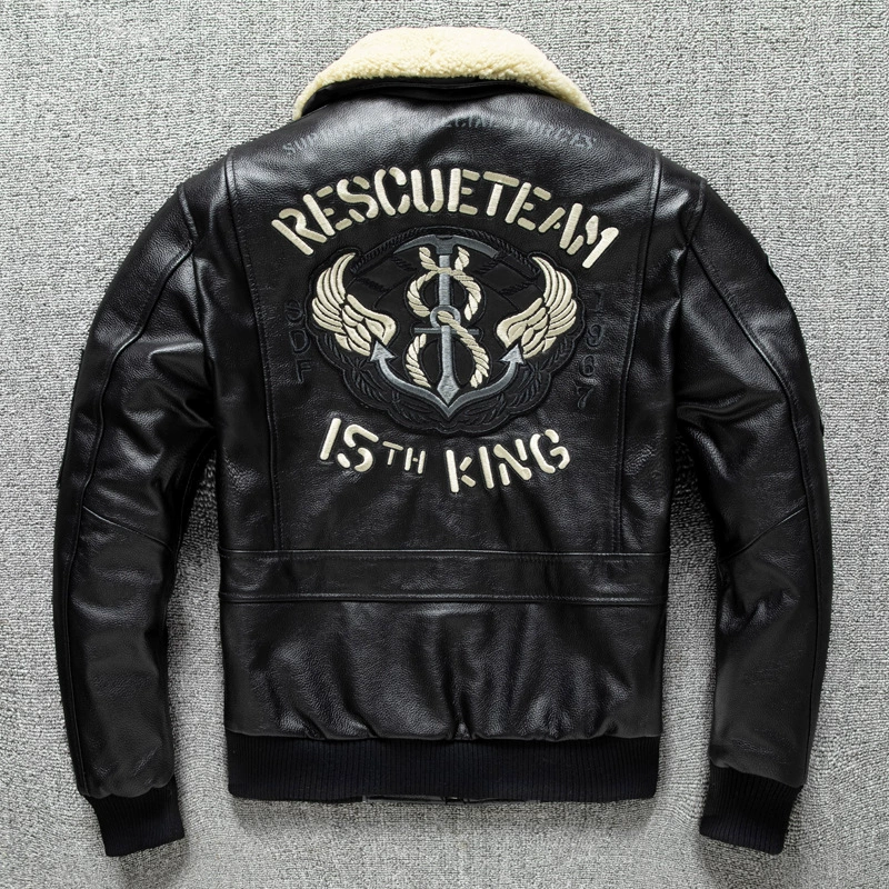 Leather jacket, cowhide, genuine leather, with embroidery, increased thickness, plus size