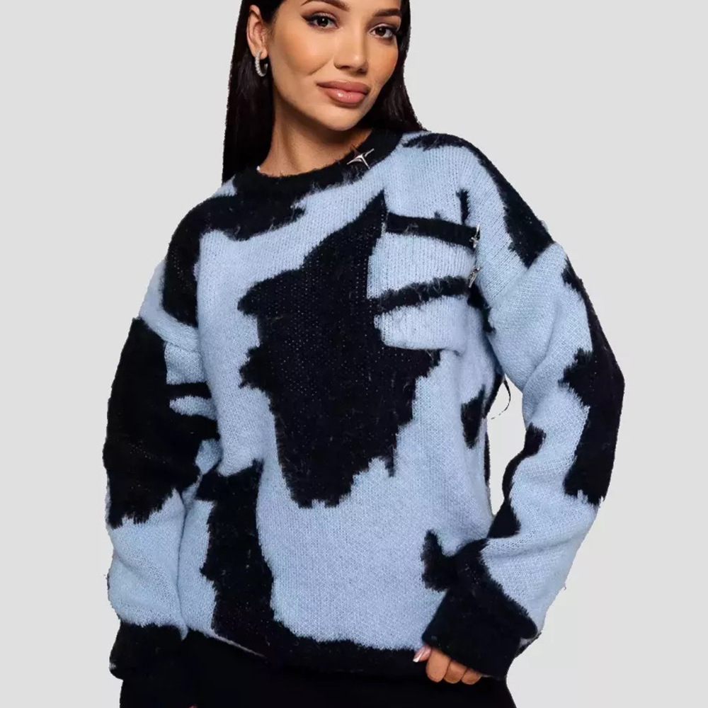 Suéter de punto holgado y moderno con cuello redondo y contraste de color para mujer, talla grande, otoño-invierno 2024._voghion.com