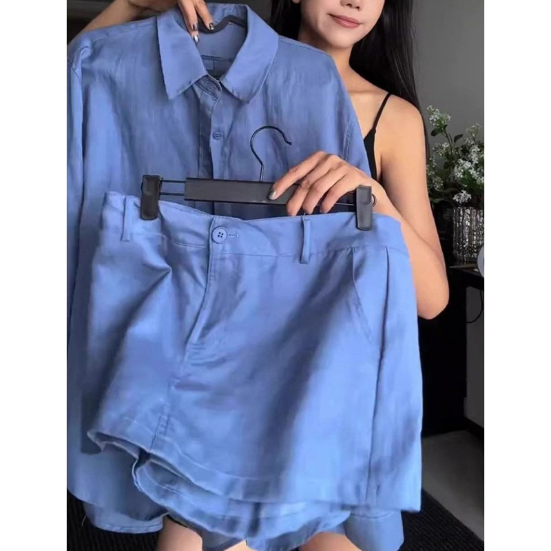 Old Money Style 2026 Women's Summer New High-End Set Casual Vacation Short Skirt Blue Fashionable Sun Protection Shirt Outfit