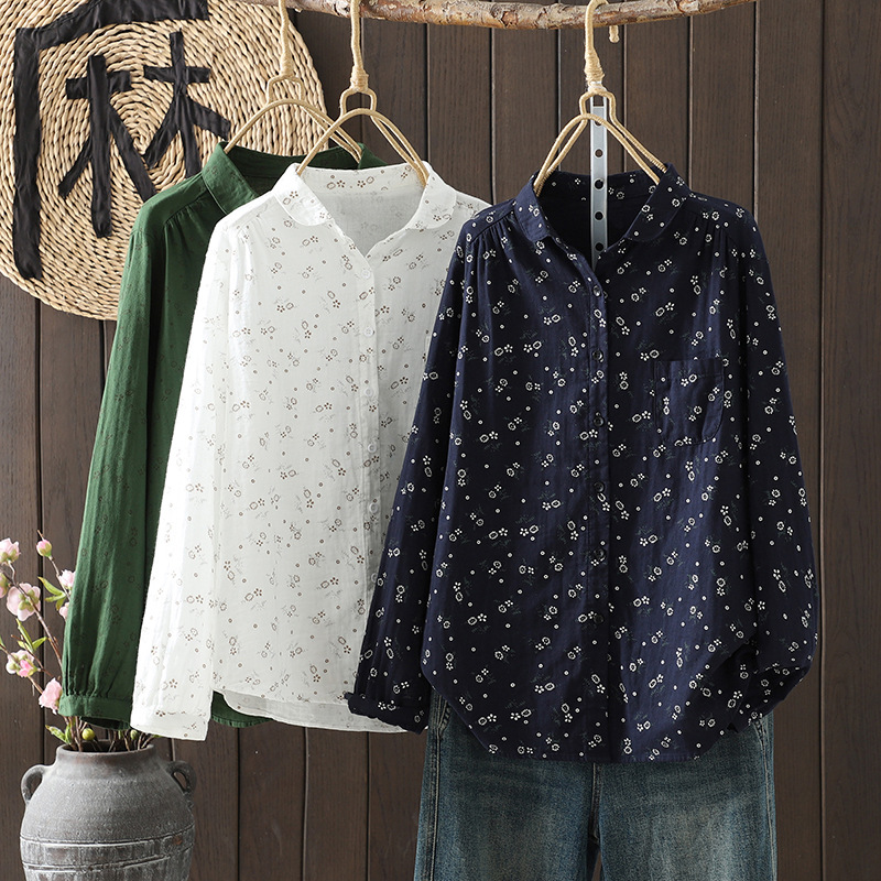 Real Shot of 2025 New Autum Double-Layer Cotton Yarn Loose Slimming Look Literary Retro Long-Sleeved Shirt Tops for Women